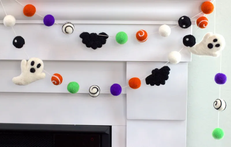 Ghost & Bat Halloween Garland- Purple, Green, Orange, Black- Dots & Swirls