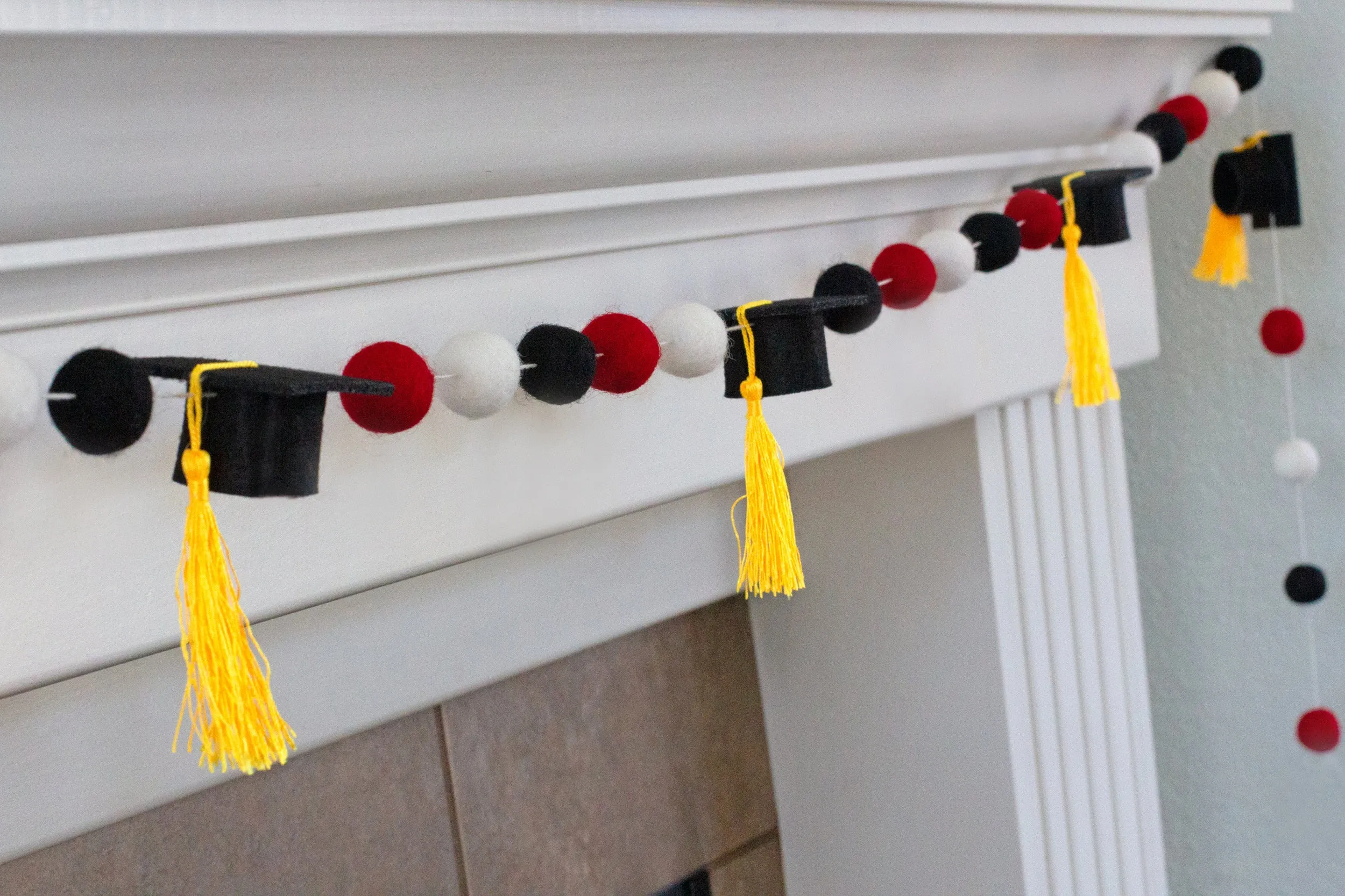 Graduation Cap Felt Garland- Red Black White with GOLD tassels