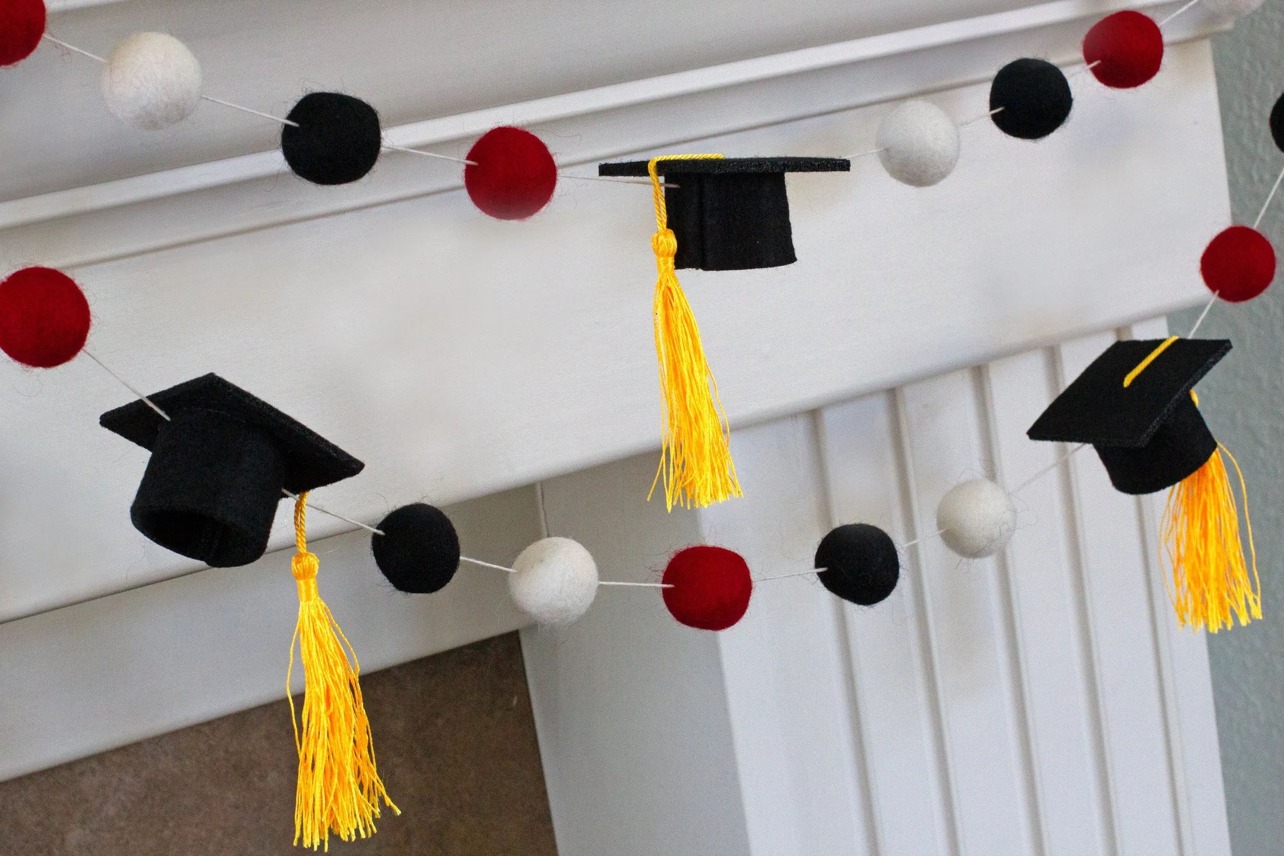 Graduation Cap Felt Garland- Red Black White with GOLD tassels