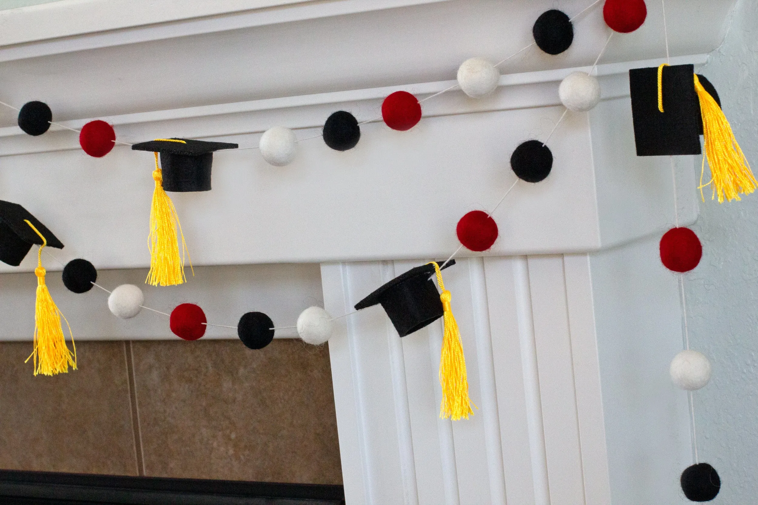 Graduation Cap Felt Garland- Red Black White with GOLD tassels