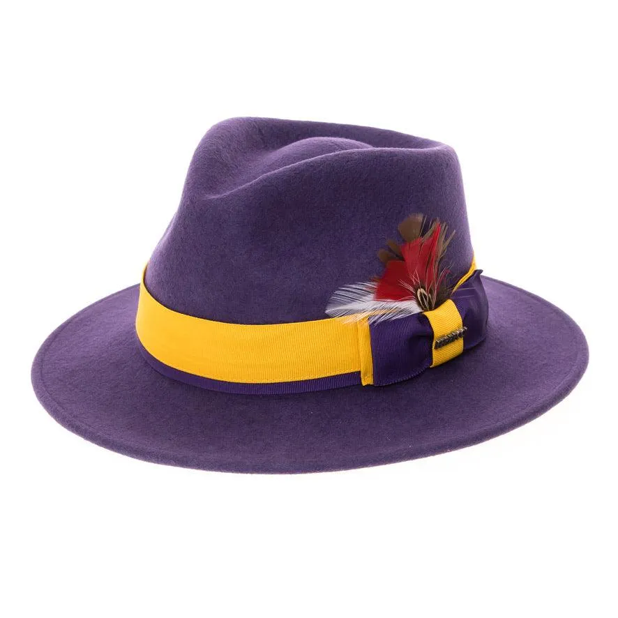 Grayson Fedora Crushable 100 % Australian Wool Traveler Two Tone Purple And Gold Bottom Hat