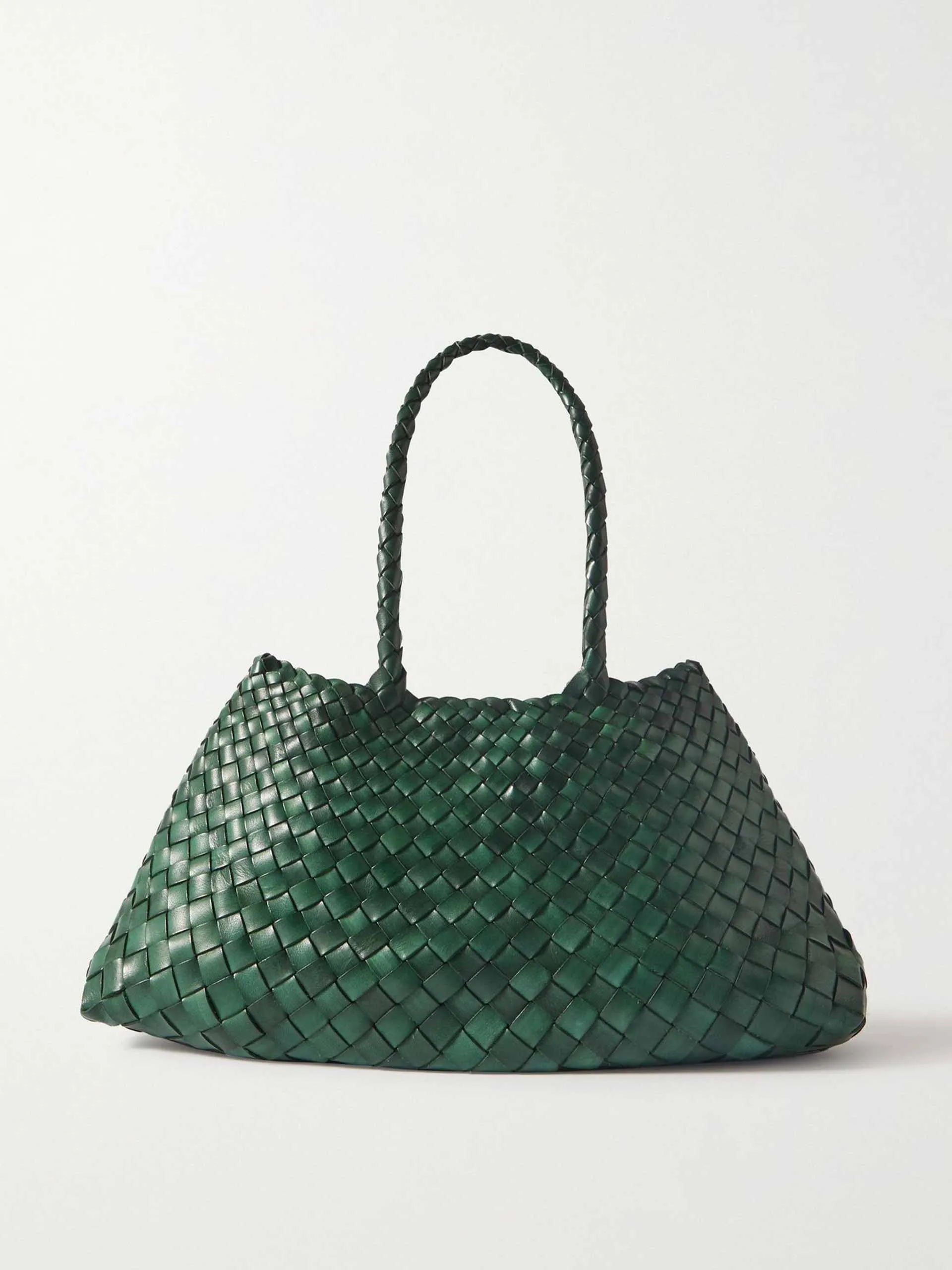 Green woven leather tote