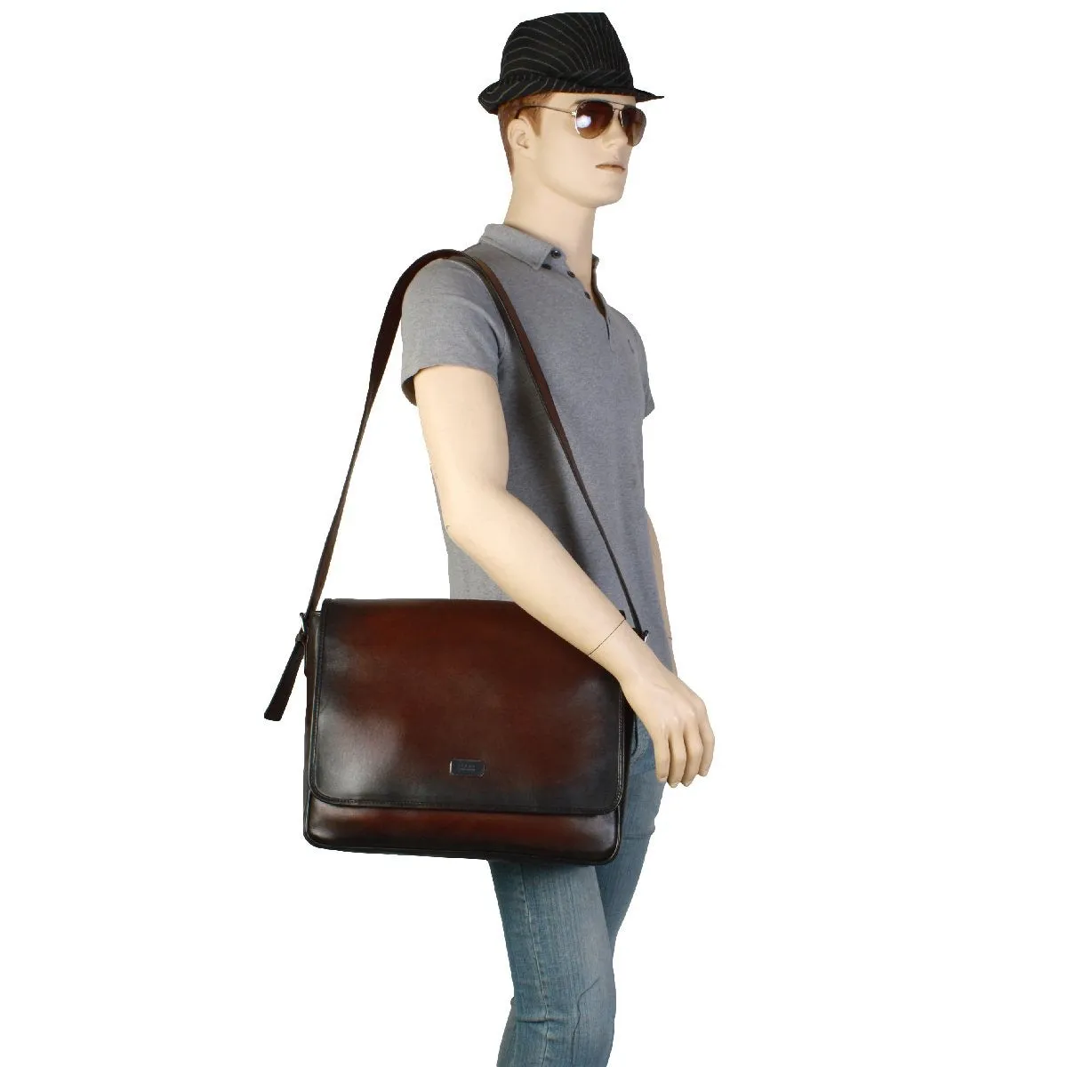 Hand-Painted Wine Leather Flap-Over Messenger Bag By Brune & Bareskin