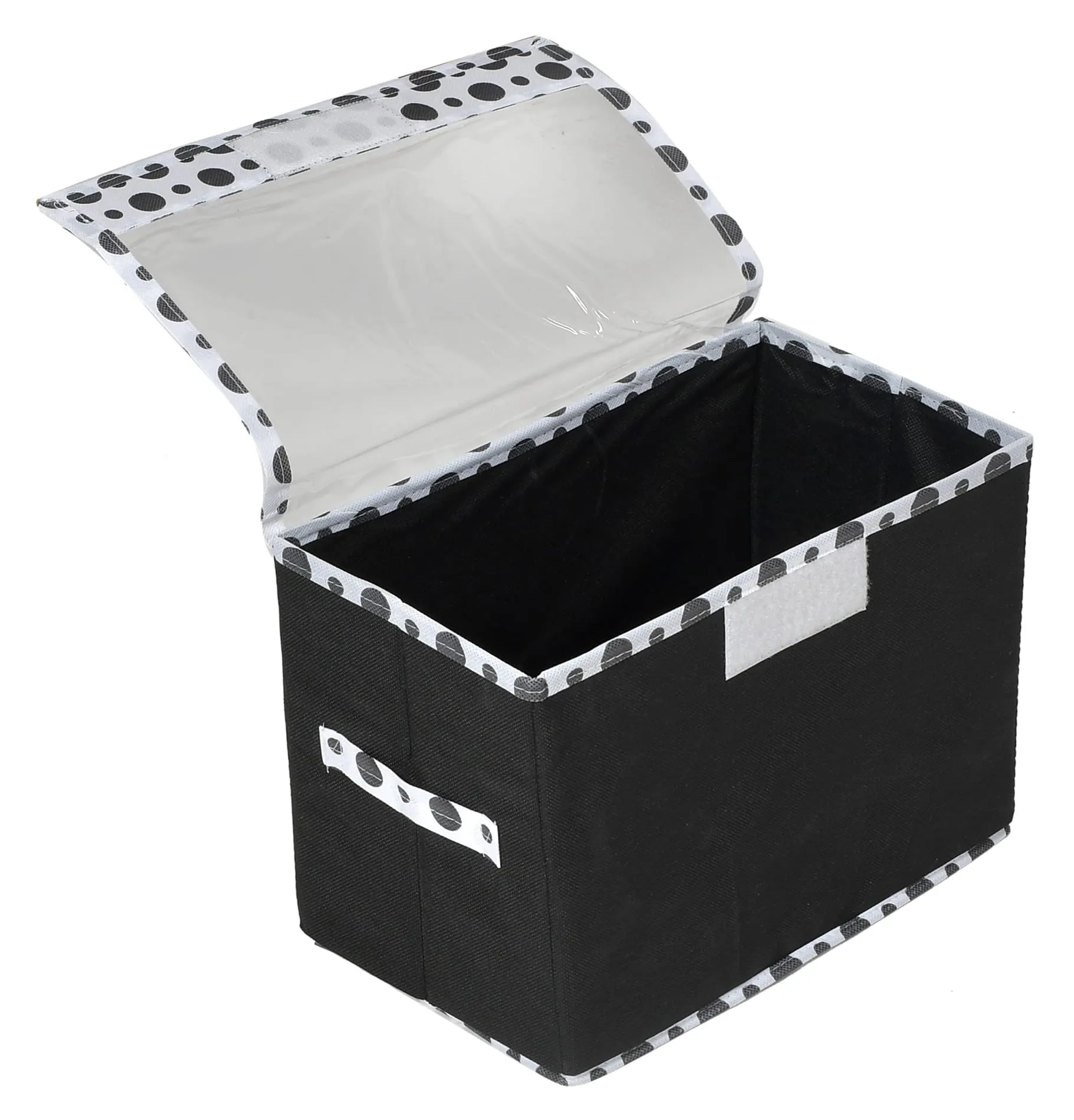 Heart Home Dot Printed Foldable Large Non-Woven Storage Box/Bin For Books, Towels, Magazines, DVDs & More With Tranasparent Lid- Pack of 2 (Black) -44HH0424