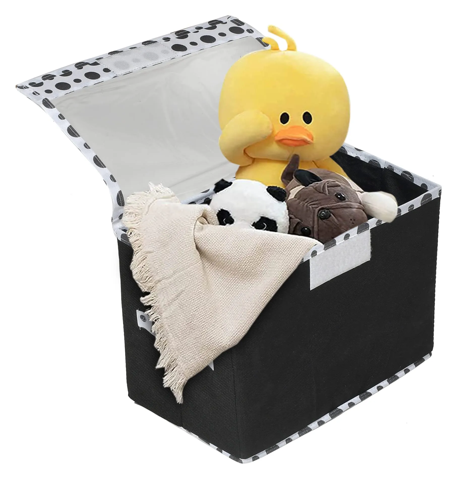 Heart Home Dot Printed Foldable Large Non-Woven Storage Box/Bin For Books, Towels, Magazines, DVDs & More With Tranasparent Lid- Pack of 2 (Black) -44HH0424