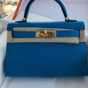 Hermès Kelly 20 Bleu Zanzibar Sellier Chevre Mysore Gold Hardware GHW