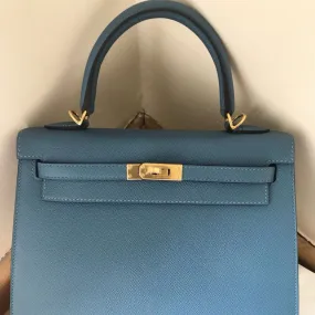 Hermès Kelly 25 Bleu Azur Selier Epsom Gold Hardware GHW