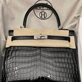 Hermès Kelly 25 Noir (Black) Sellier Crocodile Niloticus Lisse Palladium Hardware PHW