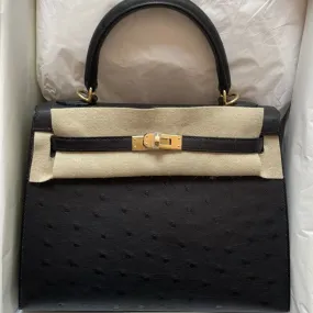 Hermès Kelly 25 Noir (Black) Sellier Ostrich Gold Hardware GHW