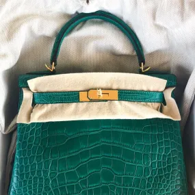 Hermès Kelly 28 Malachite Alligator Mississippi Matte Gold Hardware GHW