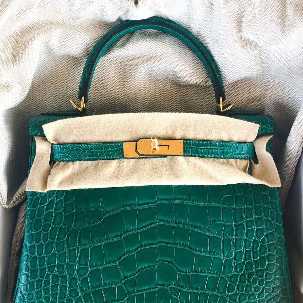 Hermès Kelly 28 Malachite Alligator Mississippi Matte Gold Hardware GHW