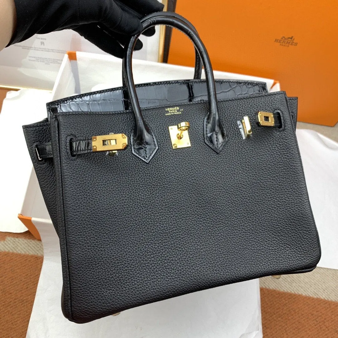 HM Birkin Nata Swift Black For Women Gold Toned Hardware 10in/25cm