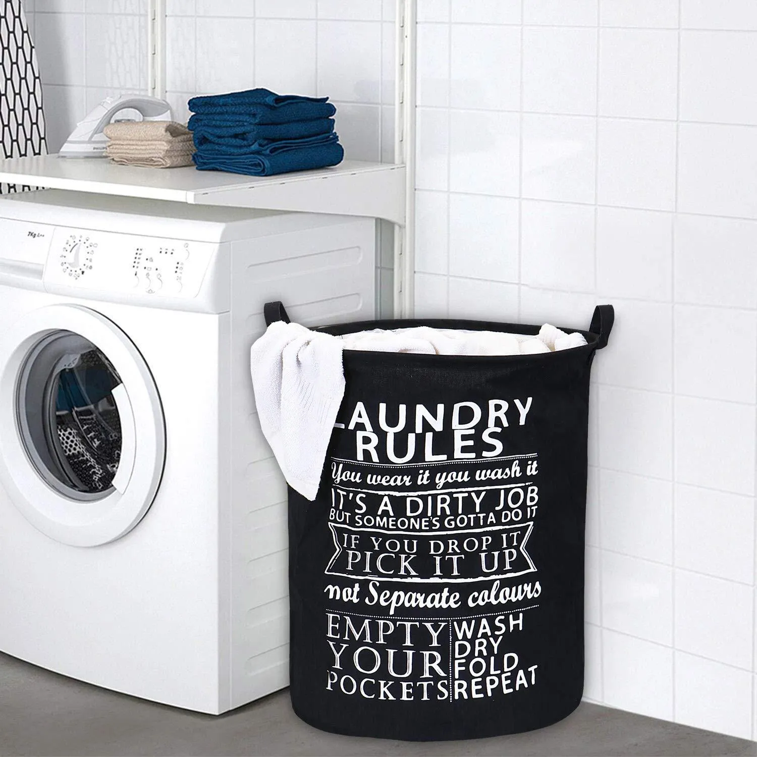 HOKIPO Folding Laundry Cotton Basket With Lid - Large 63 Ltr, Black