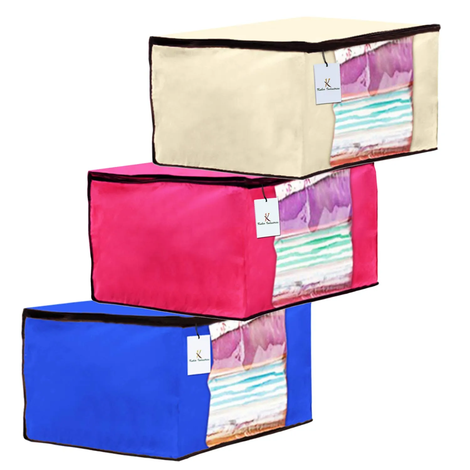 Kuber Industries Saree Covers With Zip|Clothes Storage Bag|Garment Bag For Travel, Wedding, Storage|Pack of 3 (Ivory,Royal Blue,Pink)