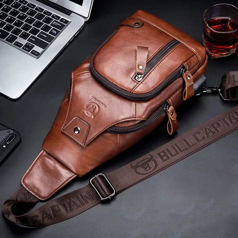 Leather shoulder bag with charging interface - waterproof