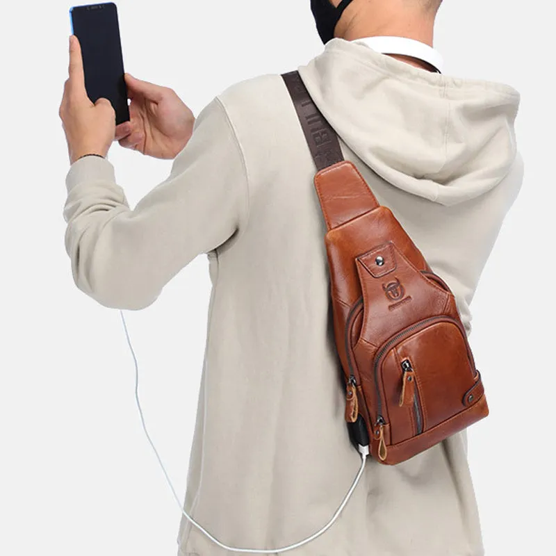 Leather shoulder bag with charging interface - waterproof