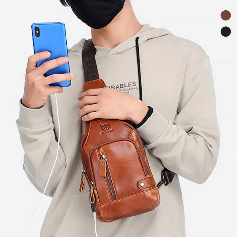 Leather shoulder bag with charging interface - waterproof