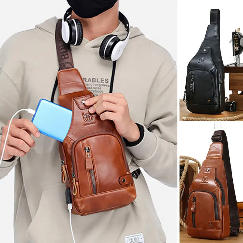 Leather shoulder bag with charging interface - waterproof