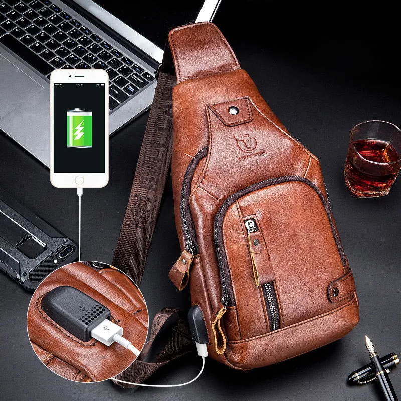 Leather shoulder bag with charging interface - waterproof