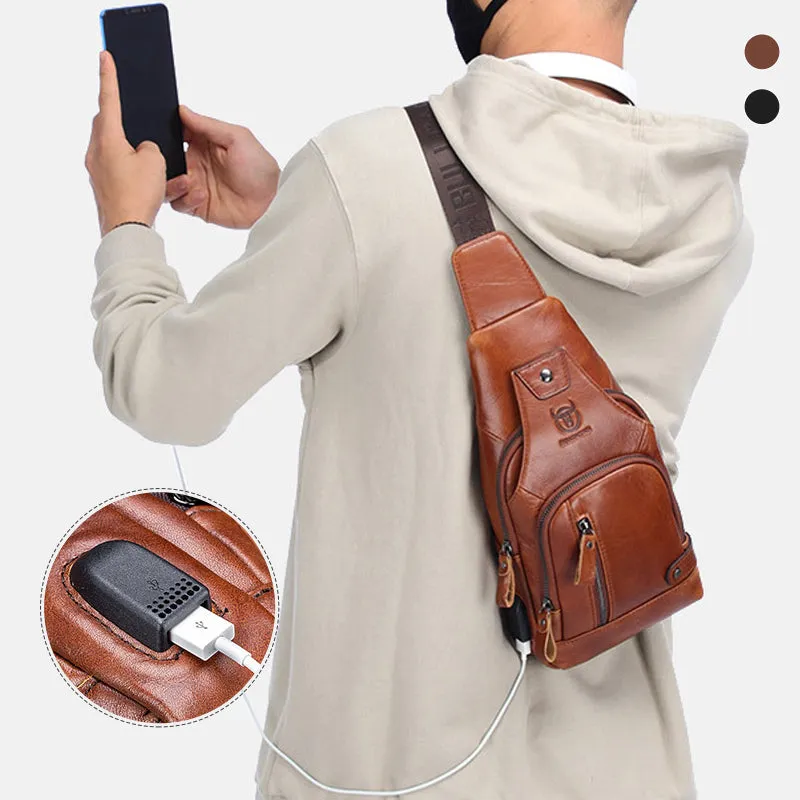 Leather shoulder bag with charging interface - waterproof