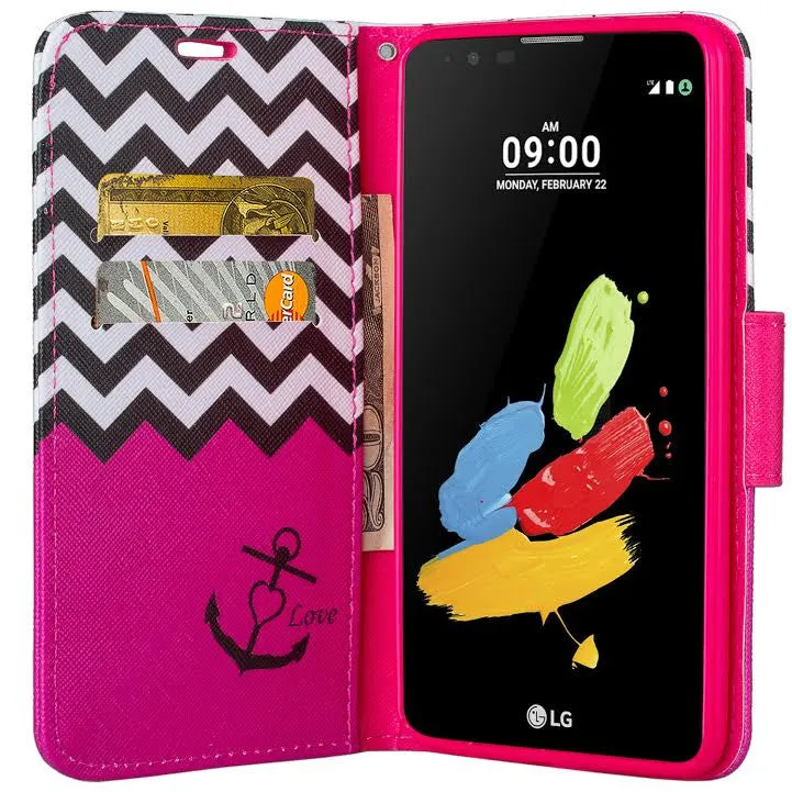 LG Stylo 2 Case, LG Stylo 2 V Wallet Case [Kickstand] Pu Leather Wrist Strap Wallet Case w/ ID & Card Slots & Pocket - Hot Pink Anchor