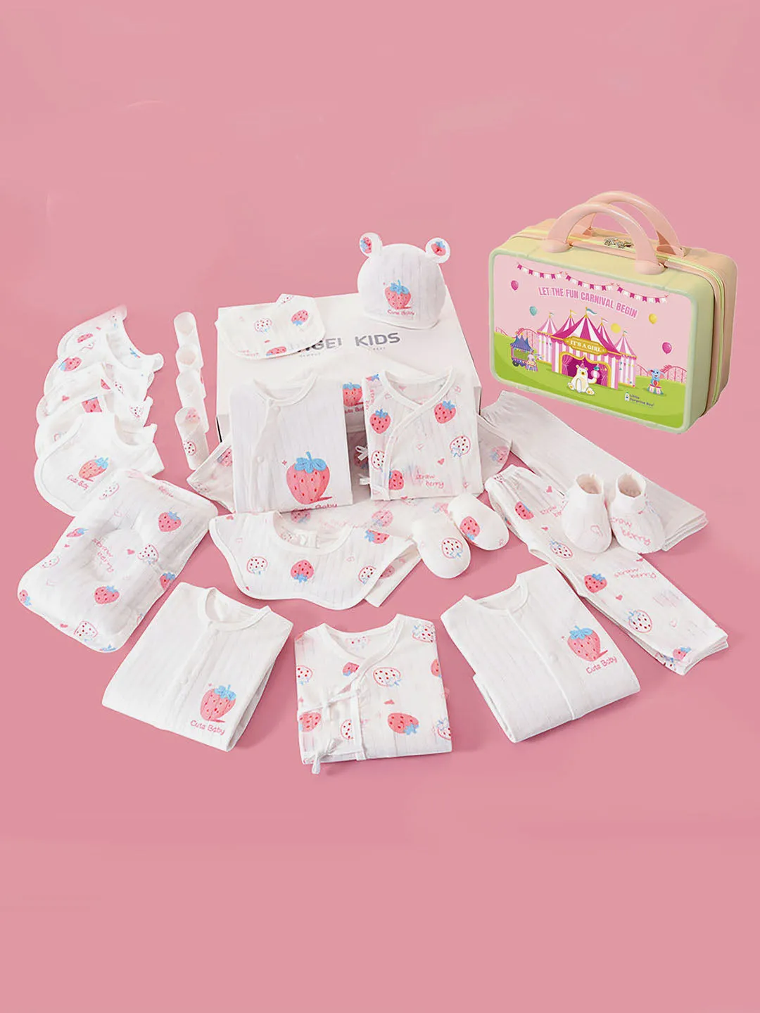 Little Surprise Box 22 Pcs White Strawberry Newborn Baby Girl/ Boy All Season Wear Gift Hamper With Suitcase