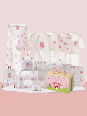 Little Surprise Box 22 Pcs White Strawberry Newborn Baby Girl/ Boy All Season Wear Gift Hamper With Suitcase