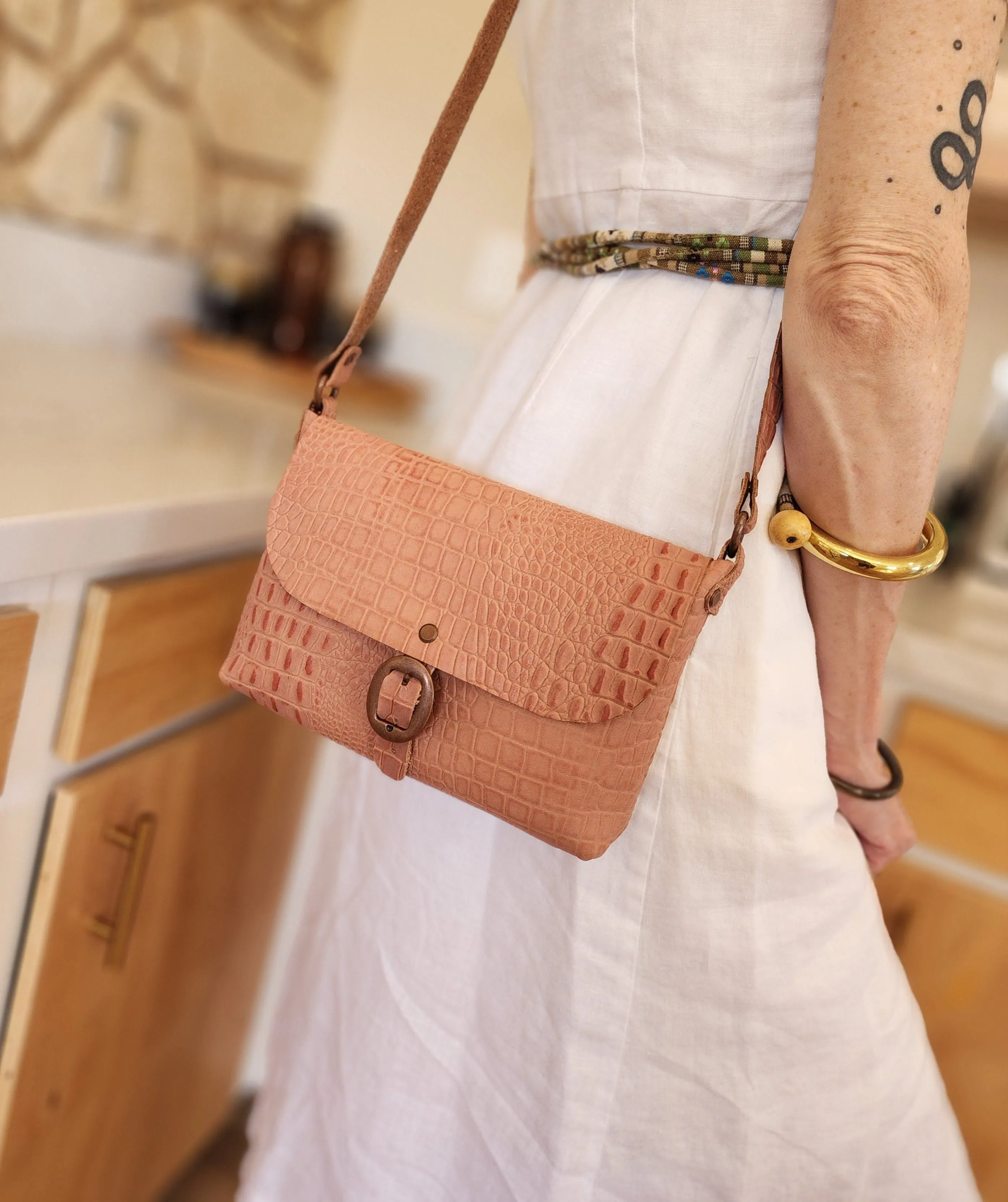 Mauve Pink Embossed Small Crossbody Messenger Bag