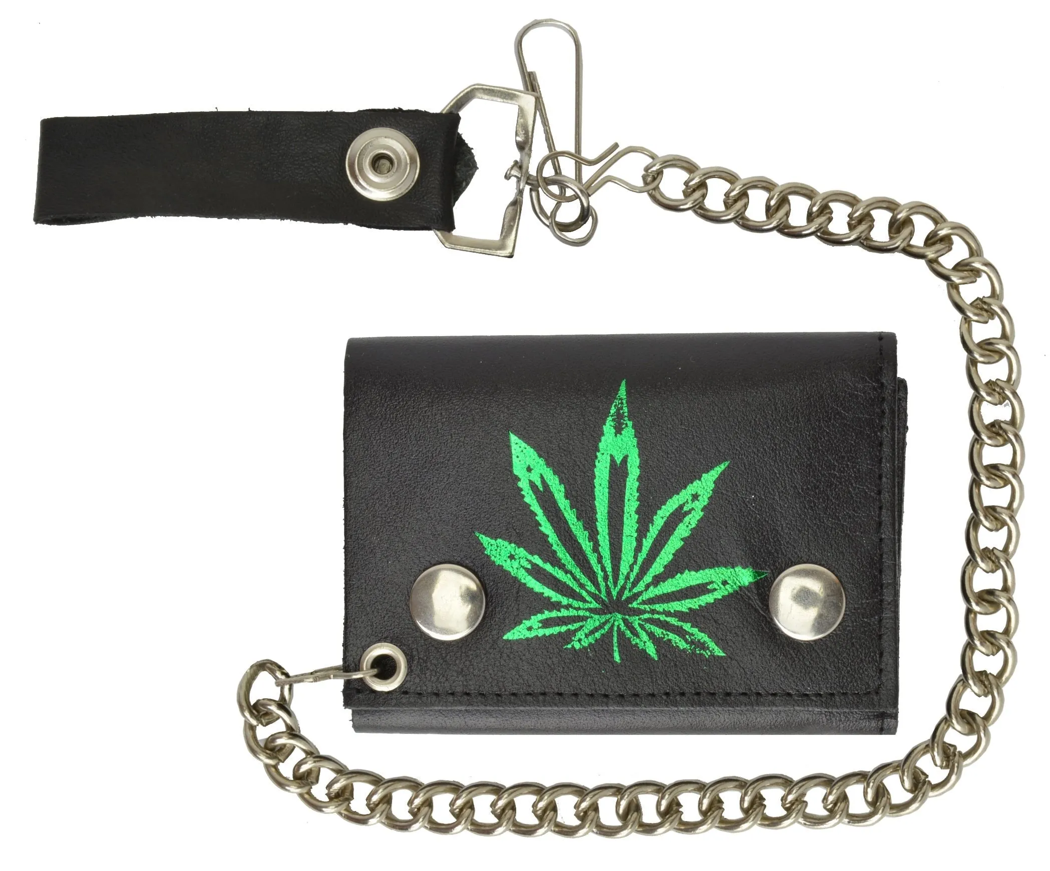 Men's Genuine Leather Marijuana Leaf Trifold Wallet/Chain Biker Trucker Motorcycle