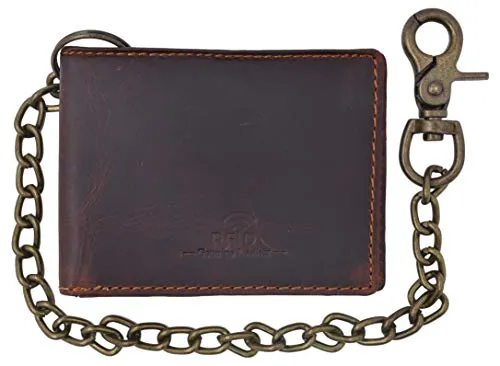 Men's RFID Signal Blocking Biker's Slim Bifold Chain Card ID Vintage Brown Leather Wallet