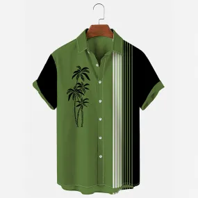 Men's Vintage Hawaiian Shirts Casual Palm Tree Print Striped Green Hawaiian Shirts for Men