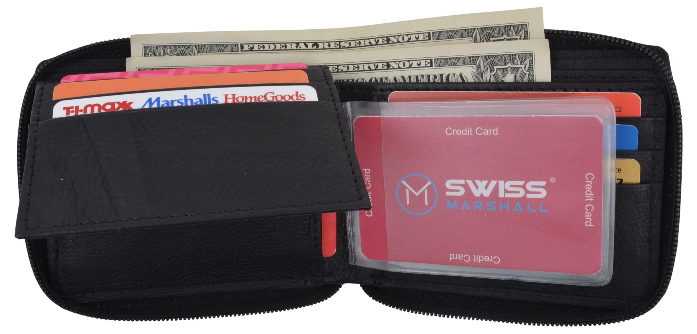 Men's Zipper RFID Blocking Premium Leather Zip-Around Credit Card ID Bifold Black Wallet Box RFID521256