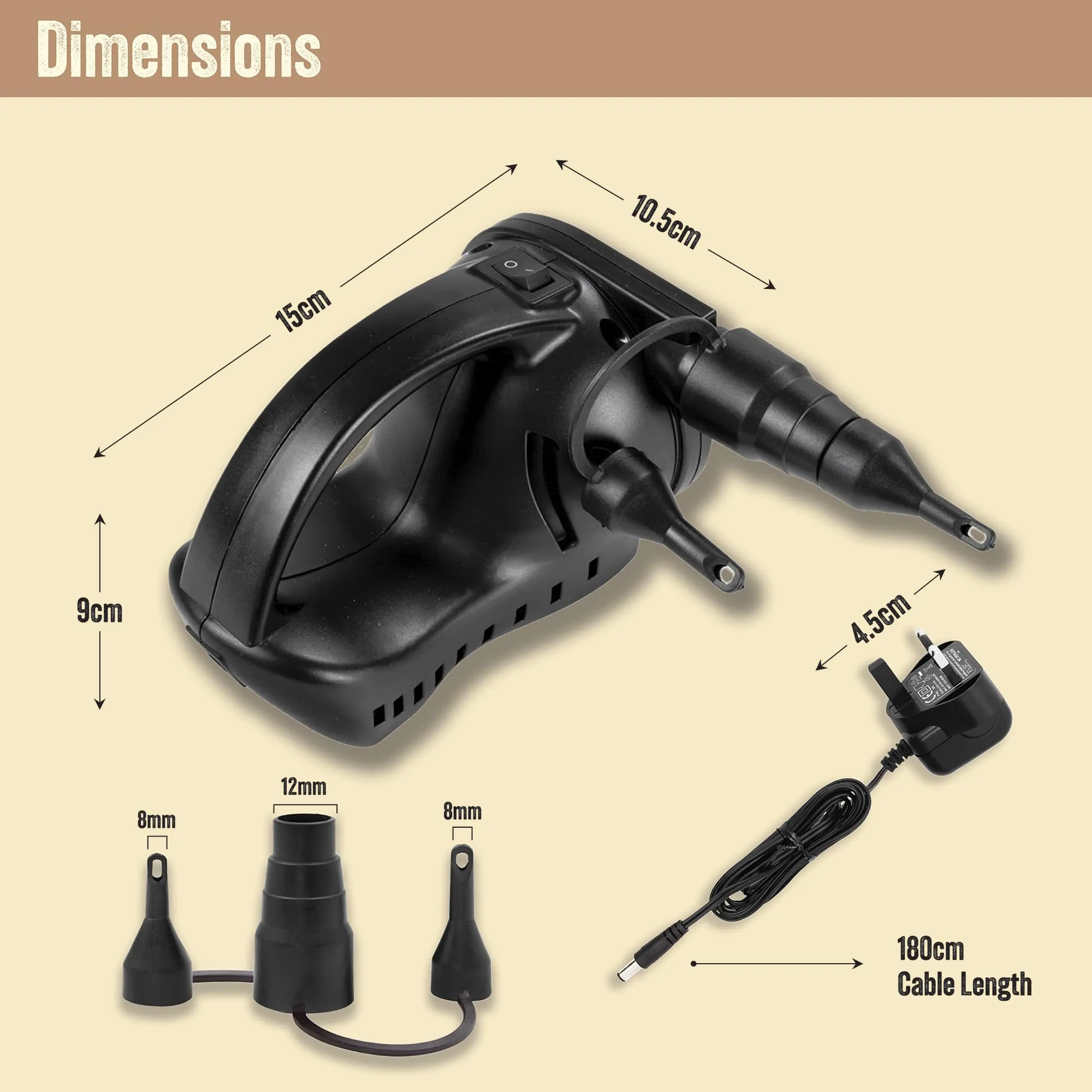 Milestone Camping 31009 AC240V/DC12 Portable Rechargeable Air Pump/Inflator & Deflator / 3 Interchangeable Nozzles/Lightweight & Portable/For Airbeds, Paddling Pools, and Toys