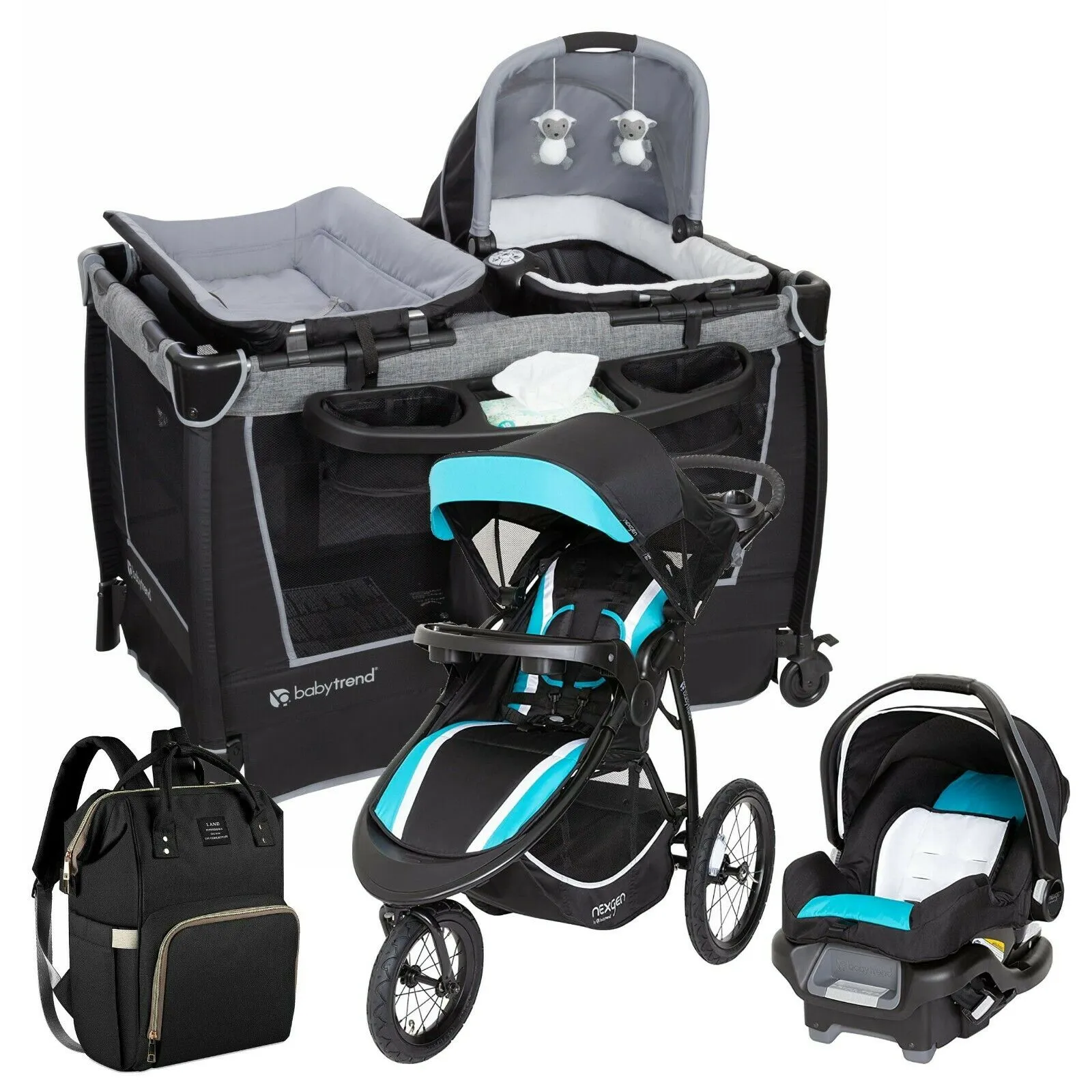 New Baby Jogger Stroller Travel System with Car Seat Playard Diaper Bag Backpack