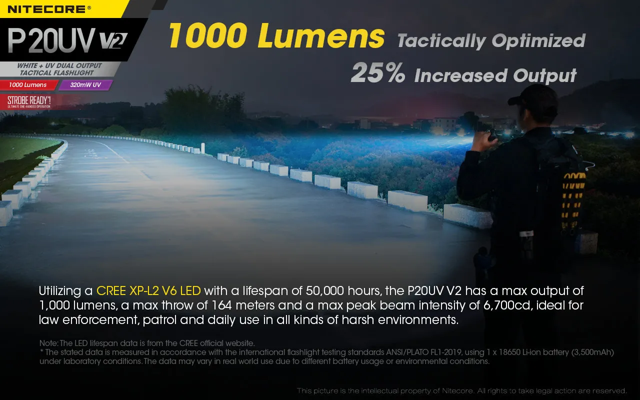 NITECORE 1000 LUMENS WHITE   UV DUAL OUTPUT TACTICAL FLASHLIGHT (P20UV V2)