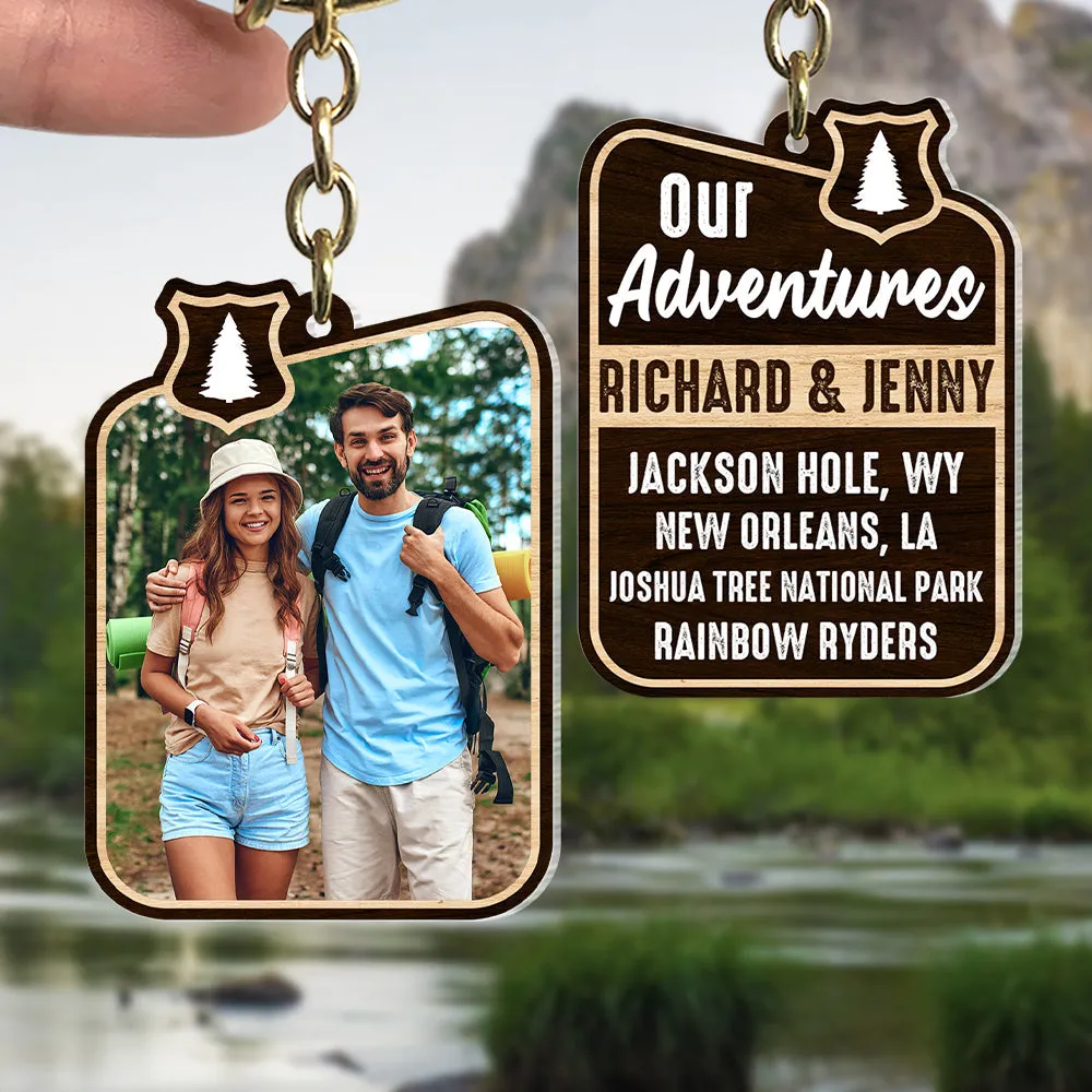 Our Adventures, Custom Camping Couple Photo Wooden Keychain, Gift For Couple, Valentine's Gifts