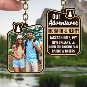 Our Adventures, Custom Camping Couple Photo Wooden Keychain, Gift For Couple, Valentine's Gifts