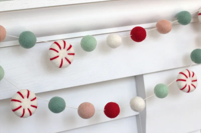 Peppermint Felt Christmas Garland- Red, Pink, Teal