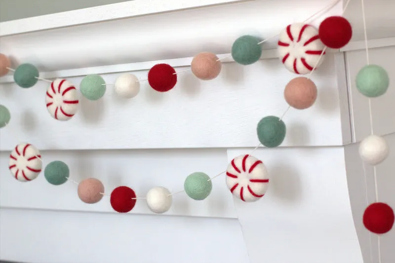 Peppermint Felt Christmas Garland- Red, Pink, Teal