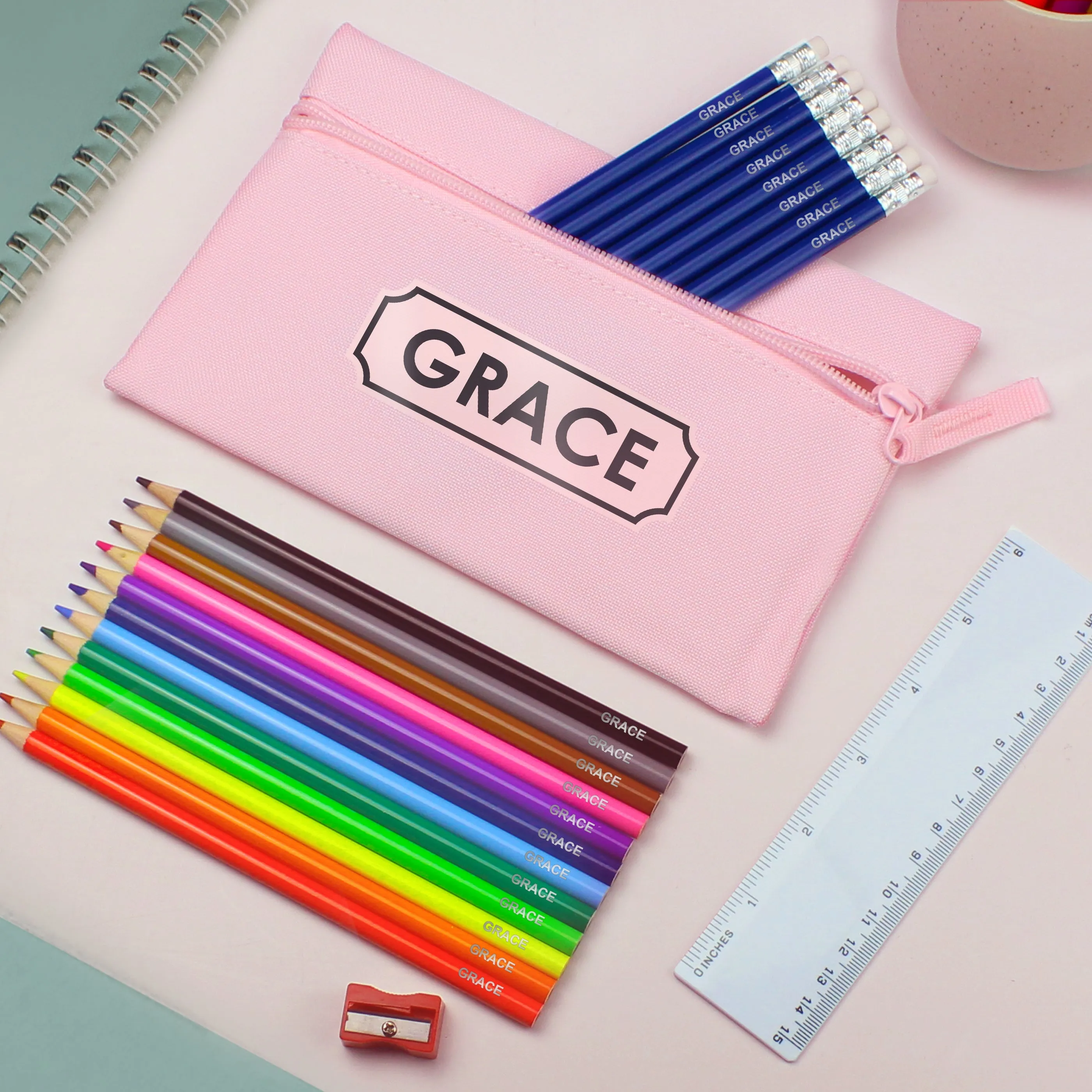 Personalised Pink Pencil Case with Pencils & Crayons