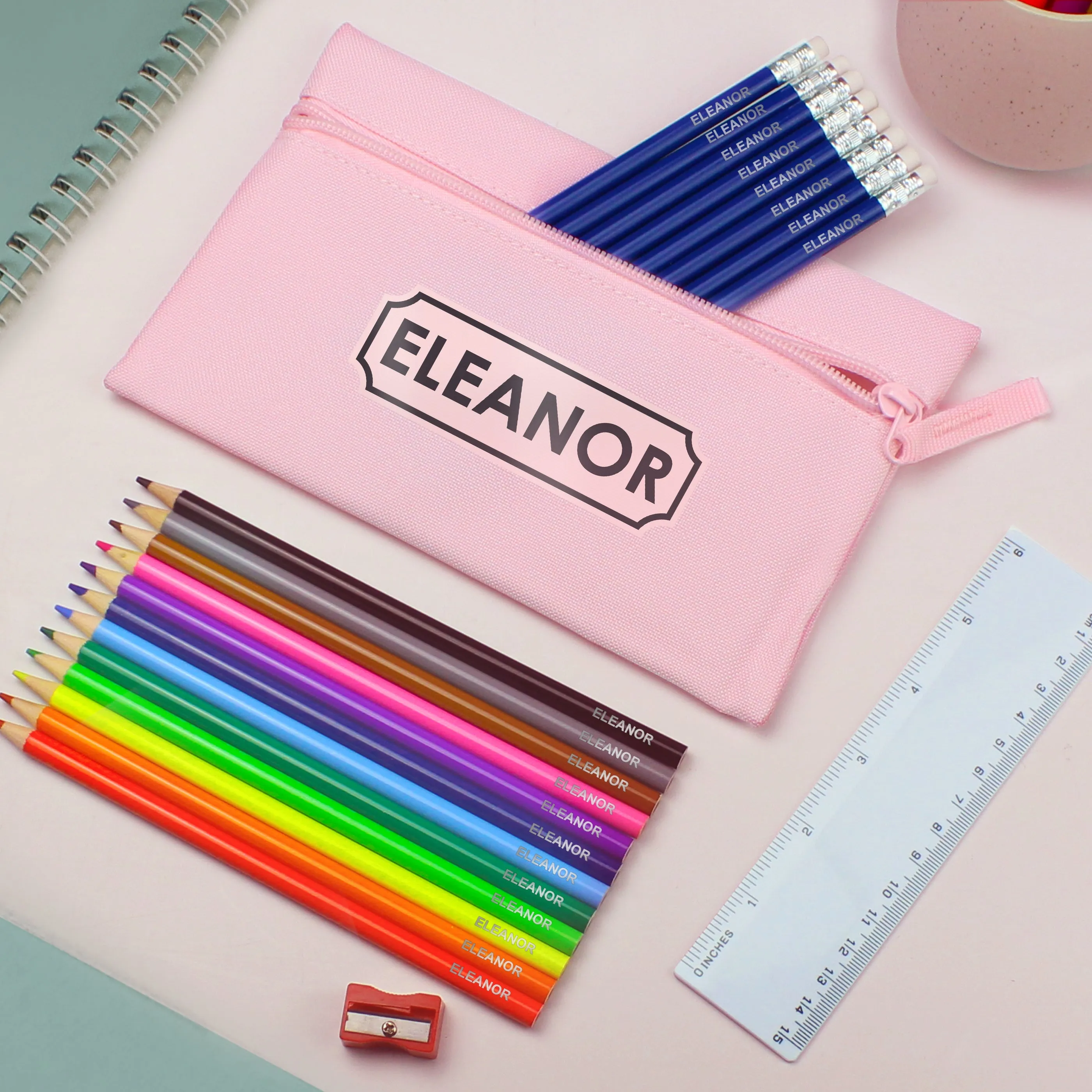 Personalised Pink Pencil Case with Pencils & Crayons