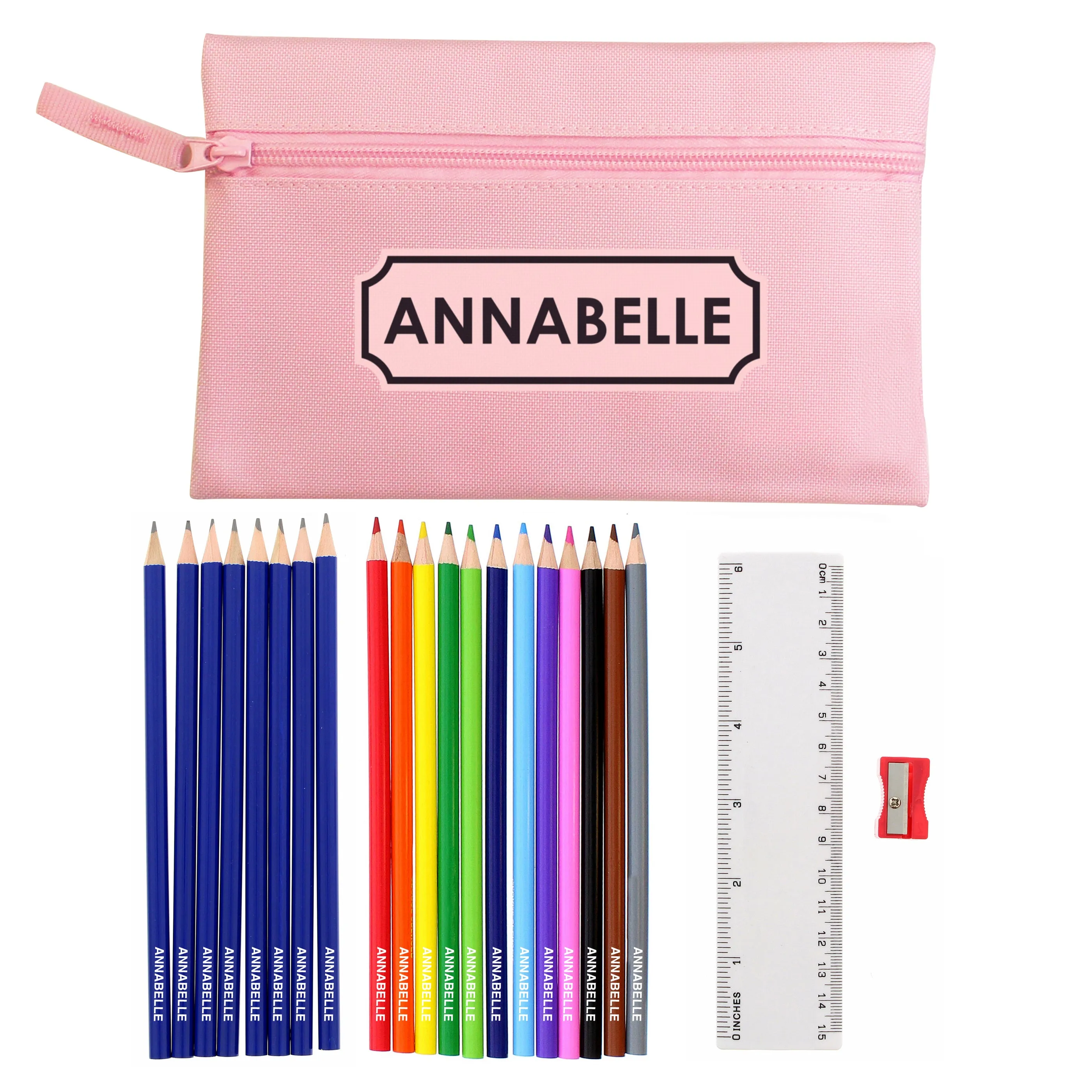 Personalised Pink Pencil Case with Pencils & Crayons