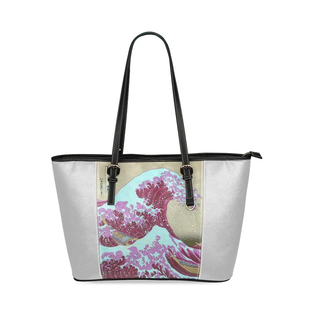 Pink Waves Off Kanagawa Leather Tote Bag