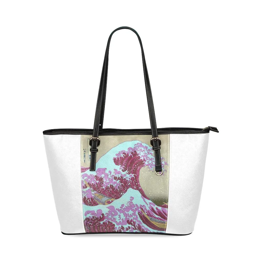 Pink Waves Off Kanagawa Leather Tote Bag