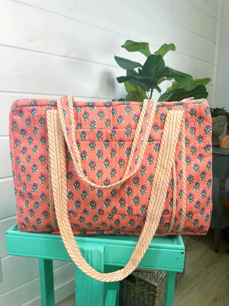 Quilted Overnight Bag- Coral Floral