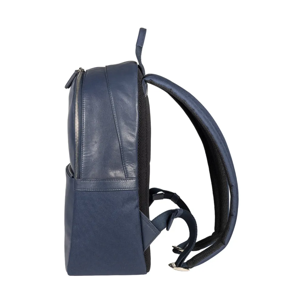 RB2001D | Nylon/Genuine Leather Netbook/Tablet Backpack, with light grain. Zip closure and adjustable shoulder straps - Color Blue - Dimensions: cm 27 x 38 x 14. Packaging: Non-woven fabric bag