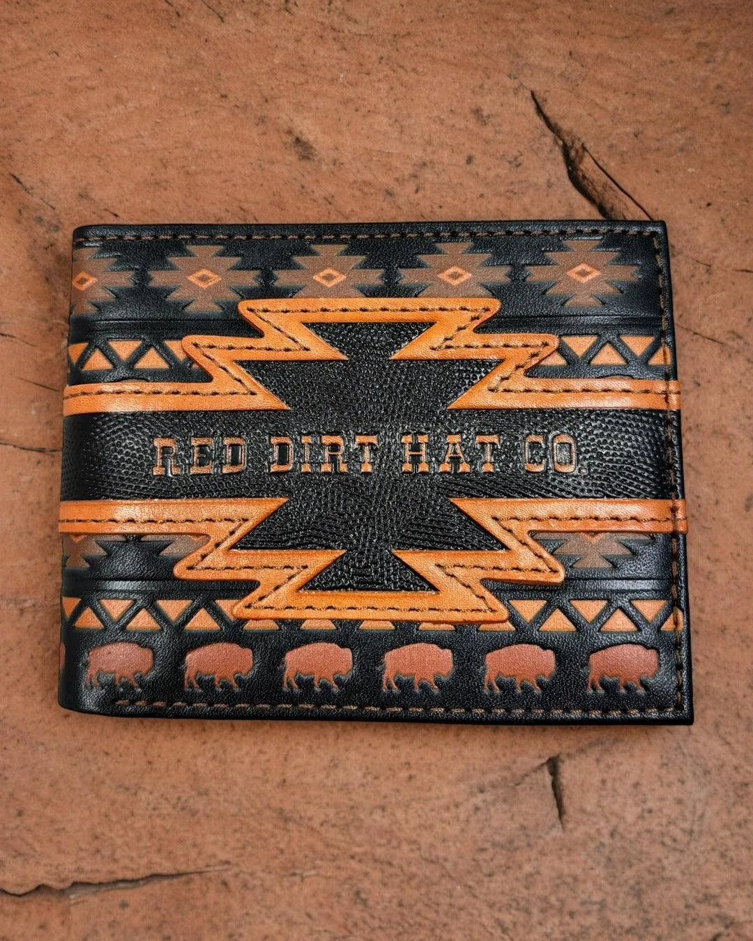 Red Dirt Hat Co. Black Aztec & Bison Leather Bi-Fold Wallet 24068881W5