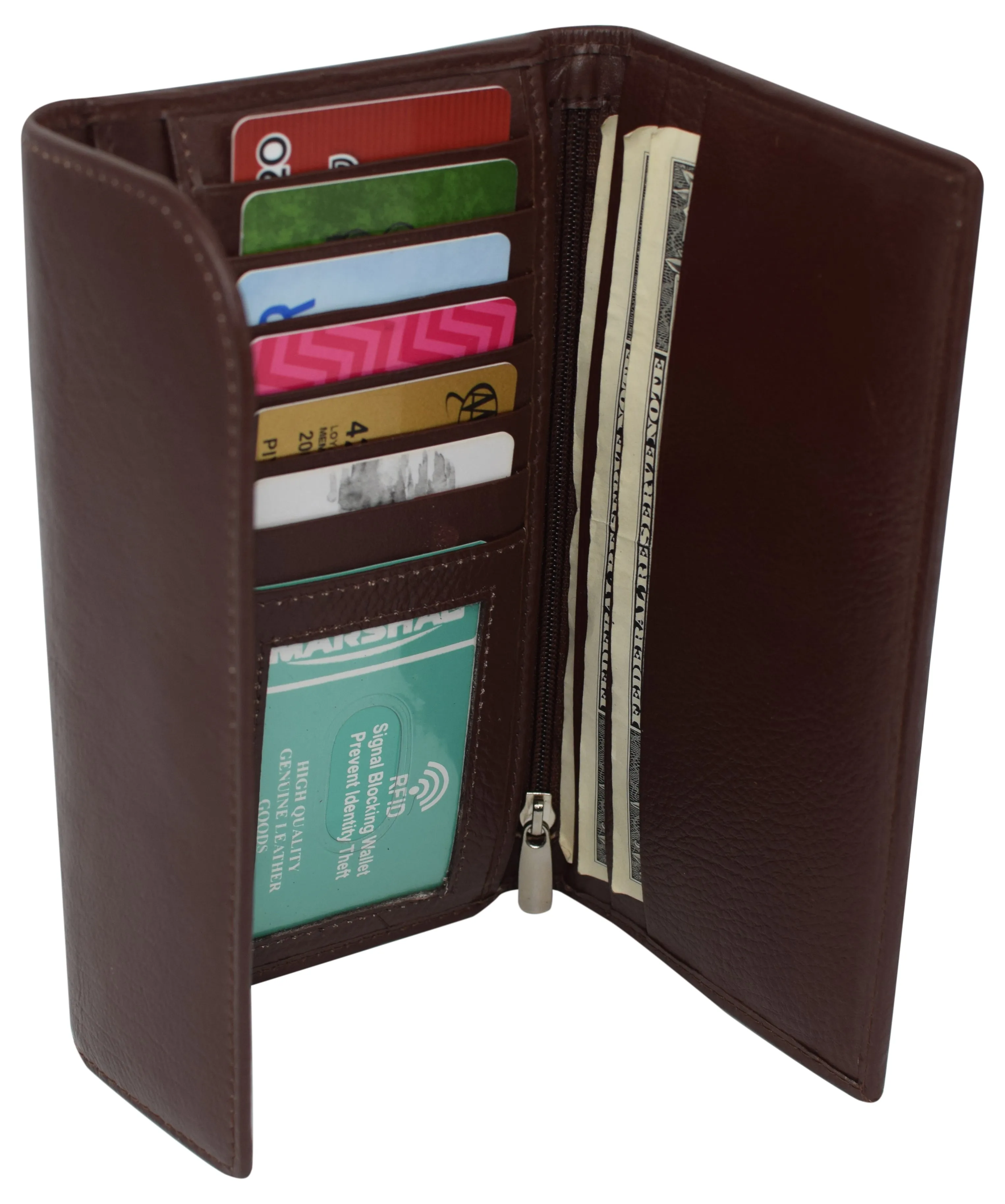 RFIDCN2575 Women's Genuine Leather RFID Trifold Checkbook Slim Wallet for Ladies