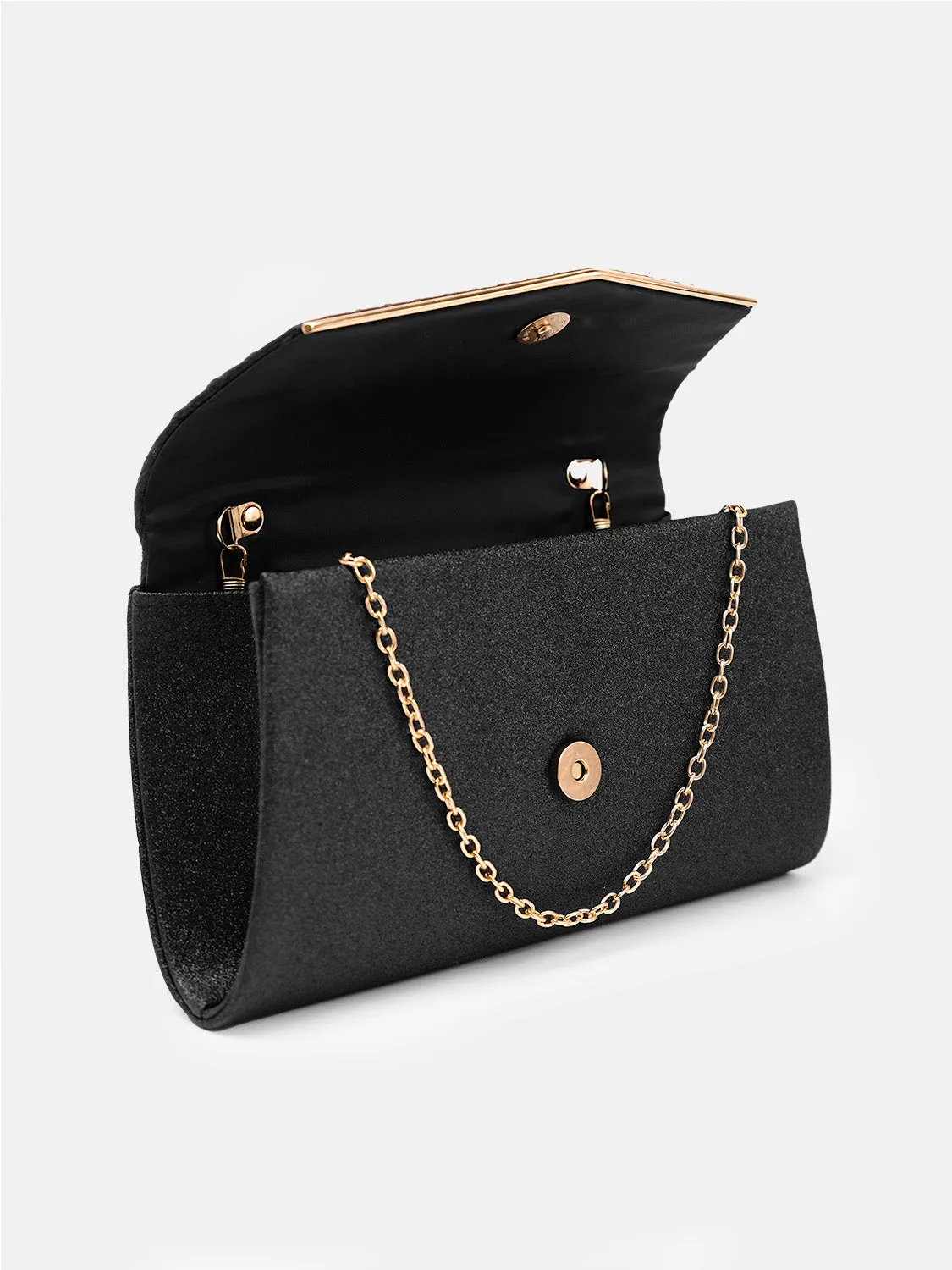 RORY GLITTER ENVELOPE CLUTCH BAG IN BLACK