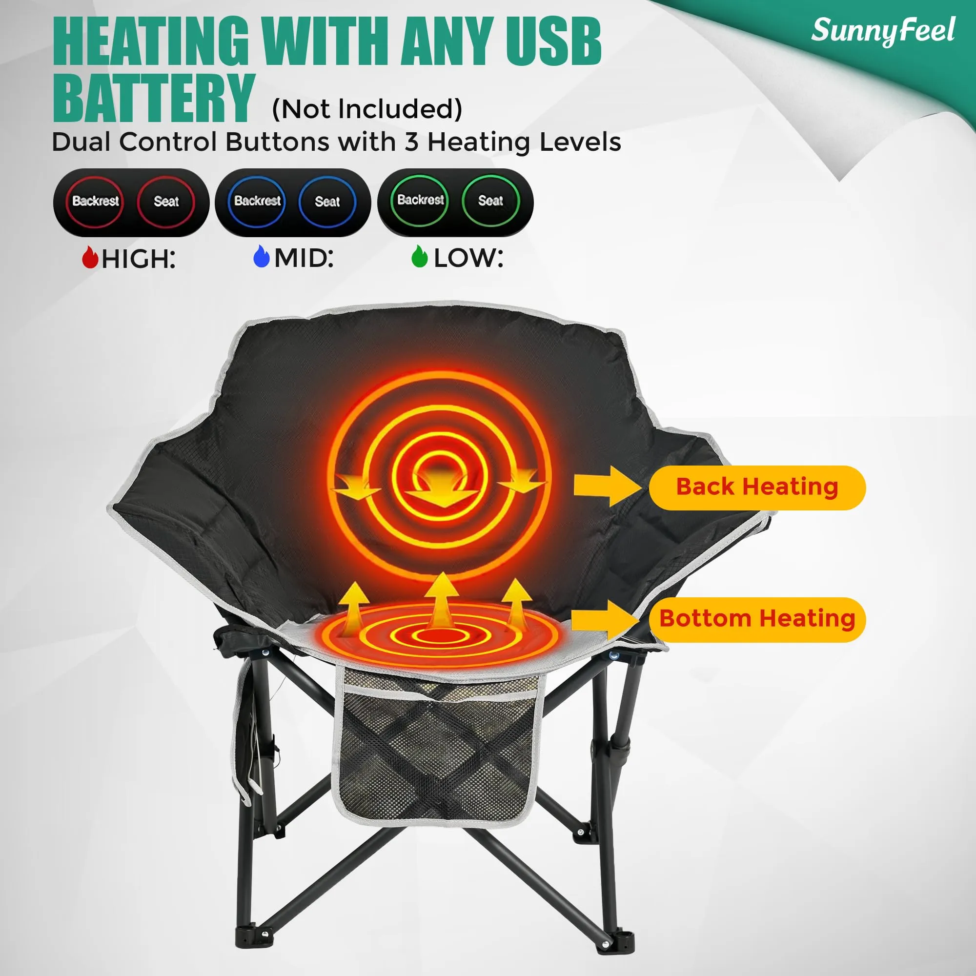 SUNNYFEEL Oversized Heated Camping Chair | Fully Padded Patio Chairs | Heating Camp Chairs for Outdoor Sports with Back and Seat Heating | Heated Folding Chair for Adults | Support 500lbs Heavy Duty